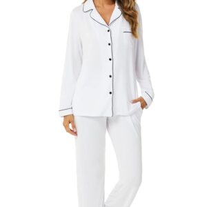 Aamikast Button Up Pajama Set for Women Soft Long Sleeve Pjs Sleepwear Sets (White XXL)