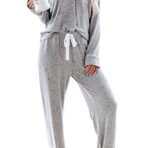 Aamikast Women's Two-piece Classic knit Pajama Sets Long Sleeve Button Down Sleepwear (L, Light Gray)