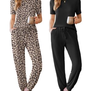Ekouaer 2 Pack Womens Pajama Sets Short Sleeve Tops Jogger Pants Lounge Sets Soft Loungewear Printed Pj with Pockets