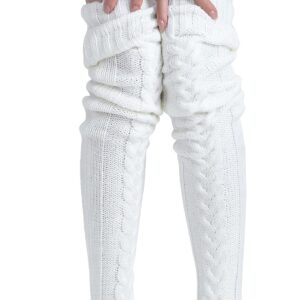 Pcavin Women's Thigh High Socks Over the Knee Cable Knit Boot Socks, Long Warm Fashion Leg Warmers Winter(Pure White)