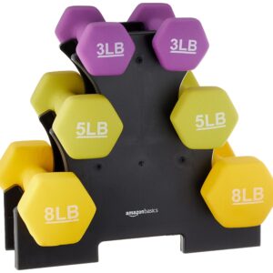 Amazon Basics Neoprene Dumbbell Hand Weights, Rack with 3 Pairs (3, 5, and 8 pound), Purple/Green/Yellow