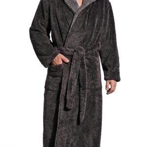 SlumberMee Mens Fleece Plush Robe with Hood Ultra Soft Fluffy Full Length Long with Pockets Luxurious House Coat (Dark Gray, L)